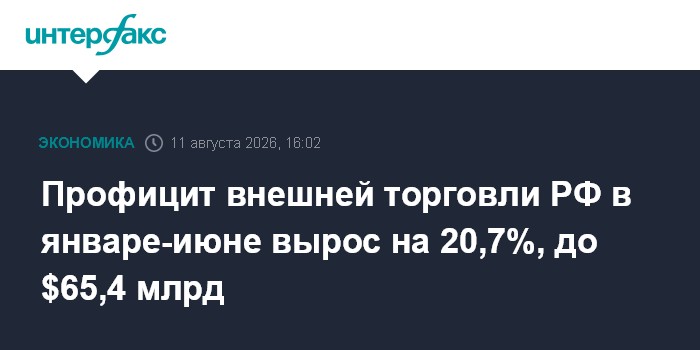 Профицит внешней торговли РФ в январе-июне вырос на 20,7%, до $65,4 млрд