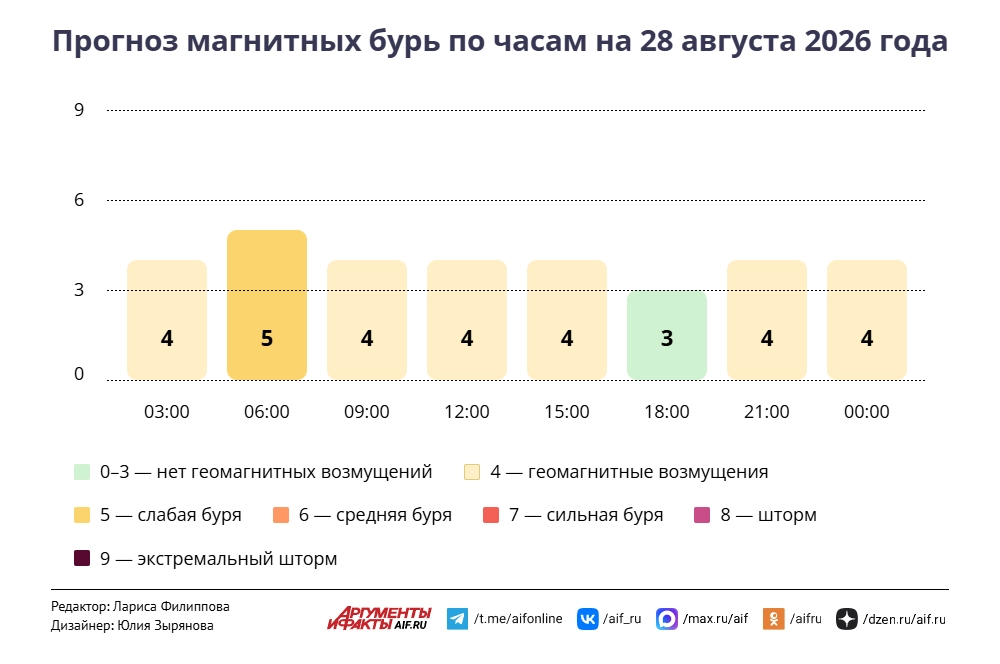 Прогноз магнитных бурь по часам на 28 августа 2026 года. Инфографика
