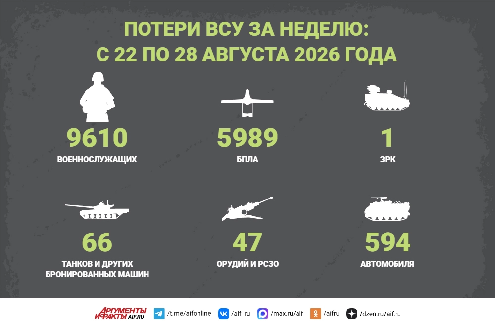 Потери ВСУ за неделю: с 22 по 28 августа 2026 года