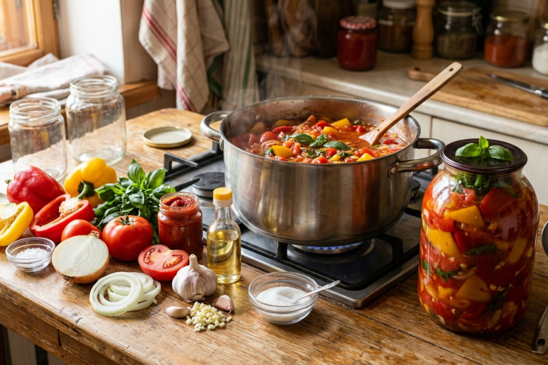 Лечо по-осетински — с томатной пастой и базиликом: зимой к мясу и лавашу — пальчики оближешь