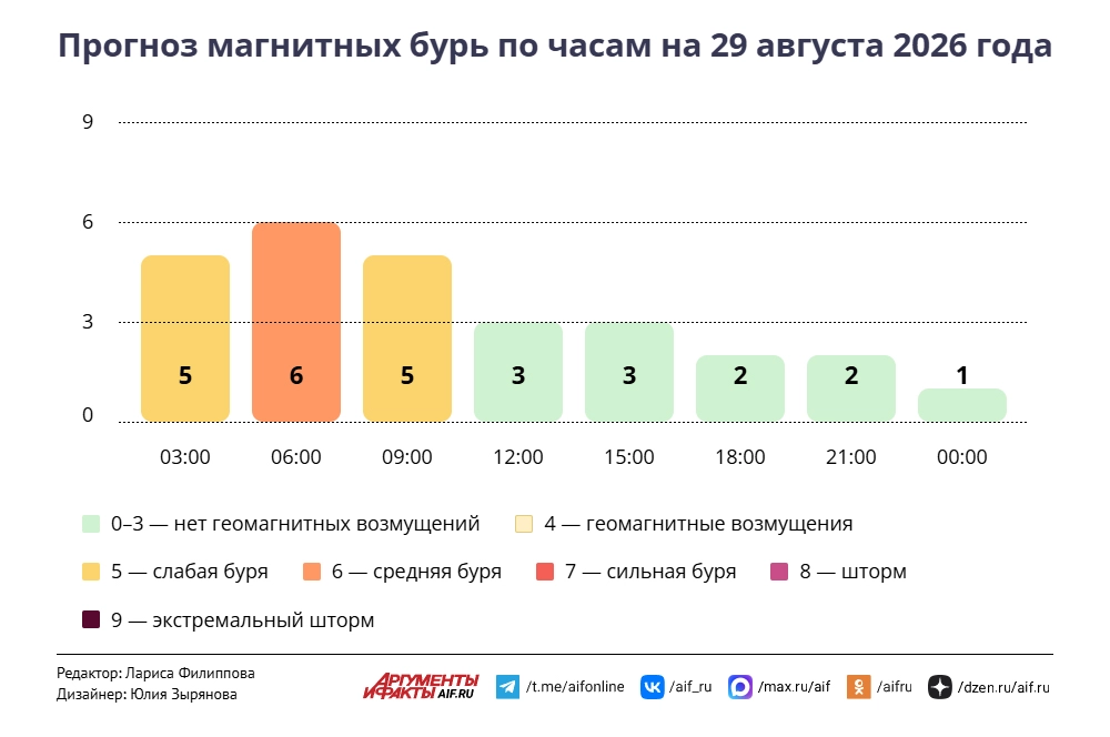 Прогноз магнитных бурь по часам на 29 августа 2026 года. Инфографика
