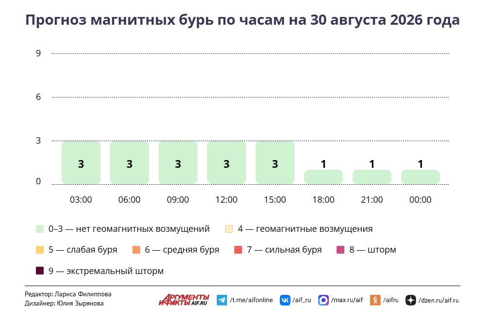 Прогноз магнитных бурь по часам на 30 августа 2026 года. Инфографика