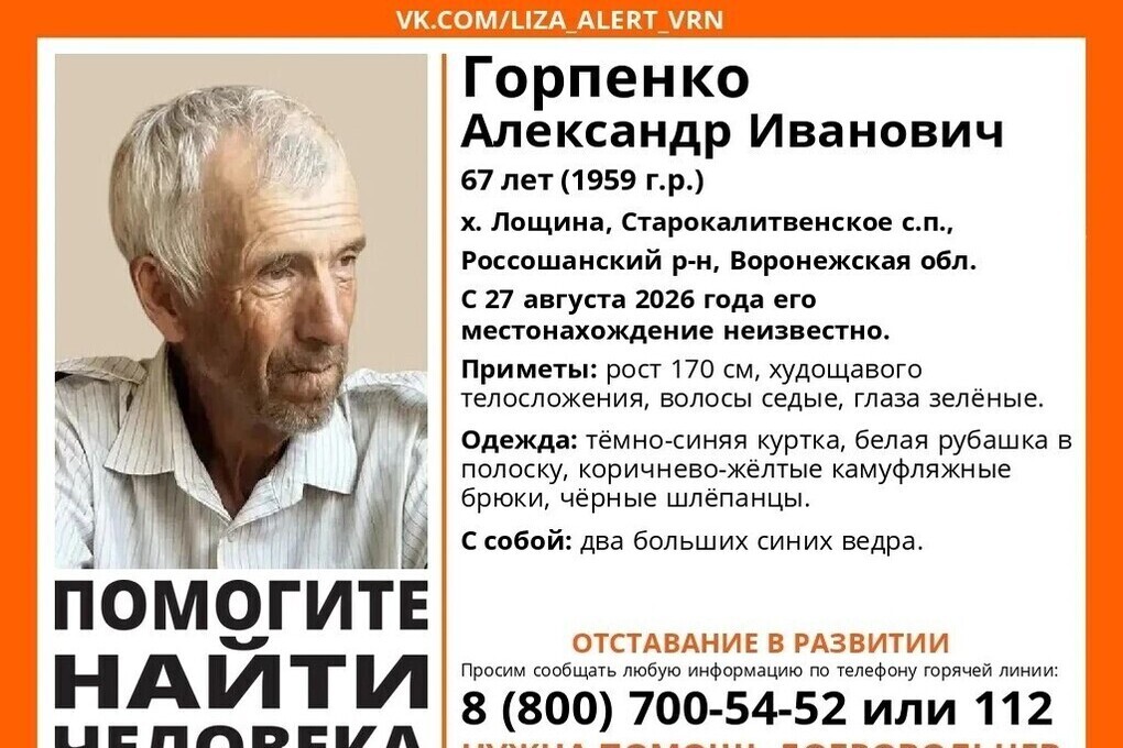 В воронежском хуторе Лощина ищут 67-летнего мужчину с двумя синими ведрами