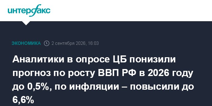 Аналитики в опросе ЦБ понизили прогноз по росту ВВП РФ в 2026 году до 0,5%, по инфляции – повысили до 6,6%