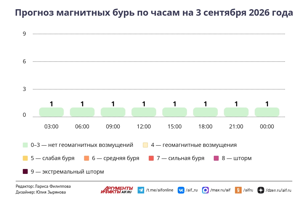Прогноз магнитных бурь по часам на 3 сентября 2026 года. Инфографика