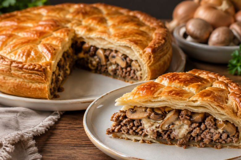 Большой мясной пирог: без дрожей и расстойки — пачка теста, внутри фарш, грибы и много сыра