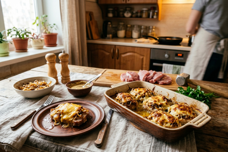 Мясо по-французски теперь делаю проще: свинина, лук и сыр, а гости думают, что я старалась