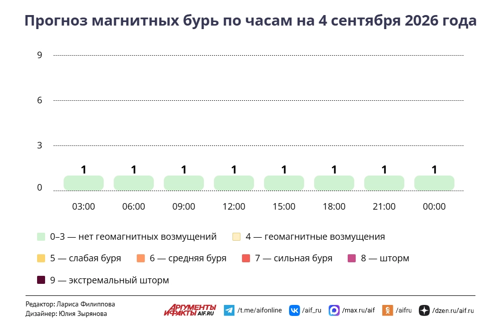 Прогноз магнитных бурь по часам на 4 сентября 2026 года. Инфографика