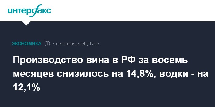 Производство вина в РФ за восемь месяцев снизилось на 14,8%, водки - на 12,1%