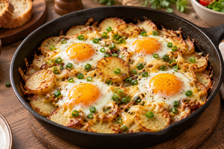 Жареная картошка по-вкусному: лишь взять яйца, сыр и нарезать тонкие кружки