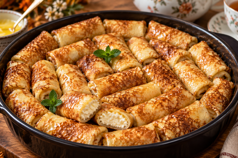 Блины-малютки в духовке: нежная начинка как чизкейк — вкуснота для осеннего чаепития