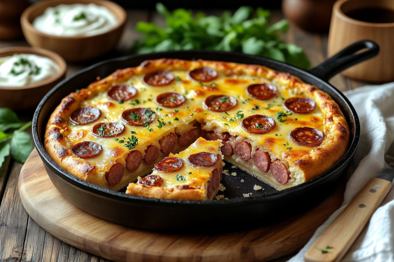 Заливаю сосиски тестом — на выходе пирог-лепешка вкуснее пиццы: дешевые ингредиенты да сковорода