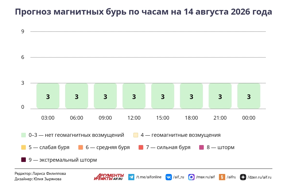 Прогноз магнитных бурь по часам на 14 августа 2026 года. Инфографика
