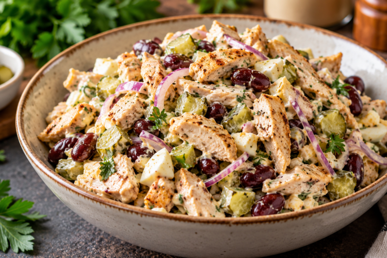 Очень вкусно и просто: салат с курицей и фасолью — классное сочетание с маринованным лучком и нежирной заправкой
