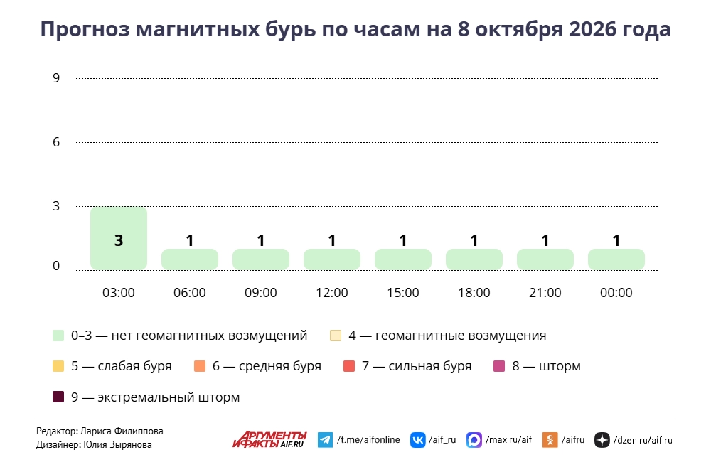 Прогноз магнитных бурь по часам на 8 октября 2026 года. Инфографика