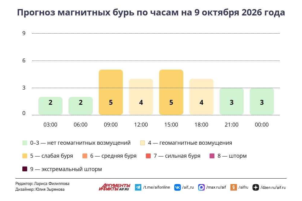 Прогноз магнитных бурь по часам на 9 октября 2026 года. Инфографика