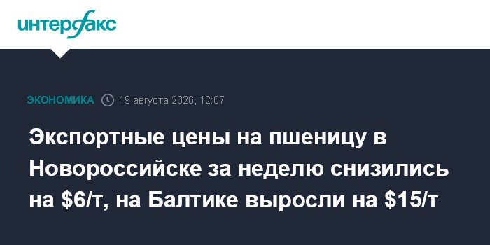Экспортные цены на пшеницу в Новороссийске за неделю снизились на $6/т, на Балтике выросли на $15/т