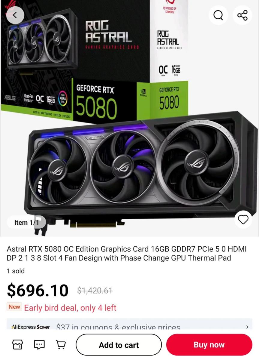 Скам или удача? Пользователь заказал на Aliexpress GeForce RTX 5080 всего за 700 долларов
