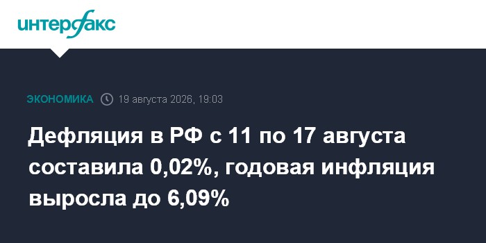 Дефляция в РФ с 11 по 17 августа составила 0,02%, годовая инфляция выросла до 6,09%