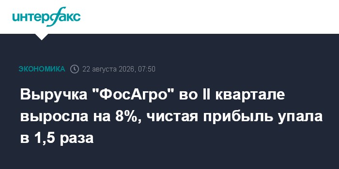 Выручка ФосАгро во II квартале выросла на 8%, чистая прибыль упала в 1,5 раза