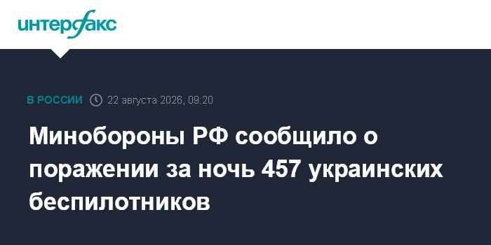 Минобороны РФ сообщило о поражении за ночь 457 украинских беспилотников