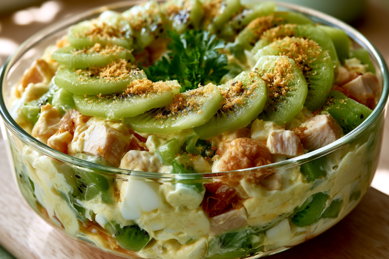 Киви в салате? Да! Готовлю «Малахитовый браслет»: сочная курица, нежный сыр и пикантная заправка